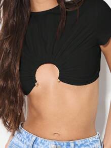 KIZN 镂空短袖上衣，带环状细节，现代设计，时尚宣言，夏季节日，简约设计，现代风格 - 黑色 - 查看 4