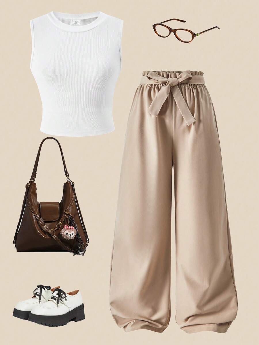 SHEIN 2pcs/Set Teen Girl Fitted Sleeveless Crew Neck T-Shirt And Loose Casual Wide Leg Pants Set Outfit Set Pants And Top Set - White - View 1