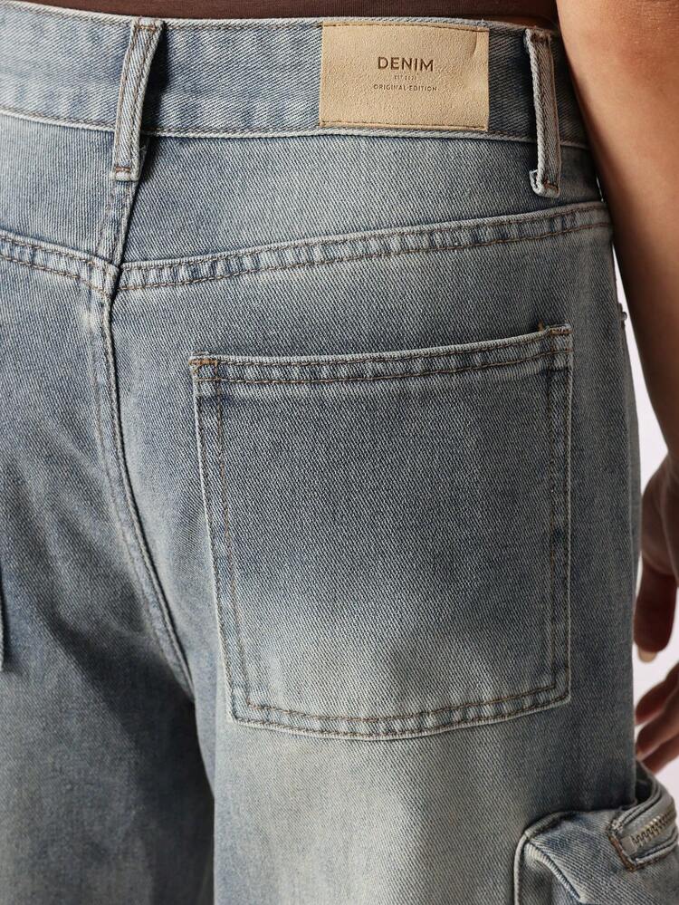 Wide Leg Cargo Jeans With Zipper Pockets