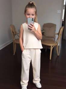 2pcs/Set Young Girl Woven Solid Color Jacquard Ruffle Hem Blouse And Loose Casual Pants