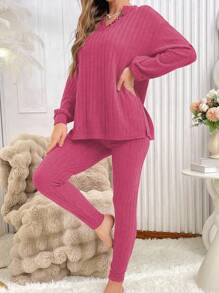 Conjunto de ropa de estar en casa para mujer con textura y medio botón de unicolor, ropa de otoño e invierno, atuendos acogedores - Rosa Fucsia - Ver 4