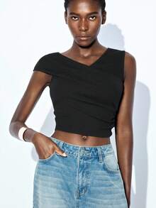 Maija 2025 Modern City Asymmetrical Neck Stretch Ribbed Soft Women Black Summer Seksi Chic Night Out Crop Top,V Cut Wrap Short Sleeve Comfortable Top - Black - View 5