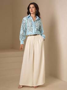 DAZY Áo kiểu nữ tay dài, dáng suông, thêu họa tiết rỗng, cài cúc phía trước, chất liệu vải xuyên thấu. - Màu xanh lam - Xem 3