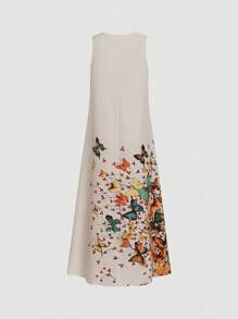 EMERY ROSE Vestido largo de mujer de estilo casual de verano con estampado de mariposas y cuello con muesca sin mangas - Beis - Ver 2