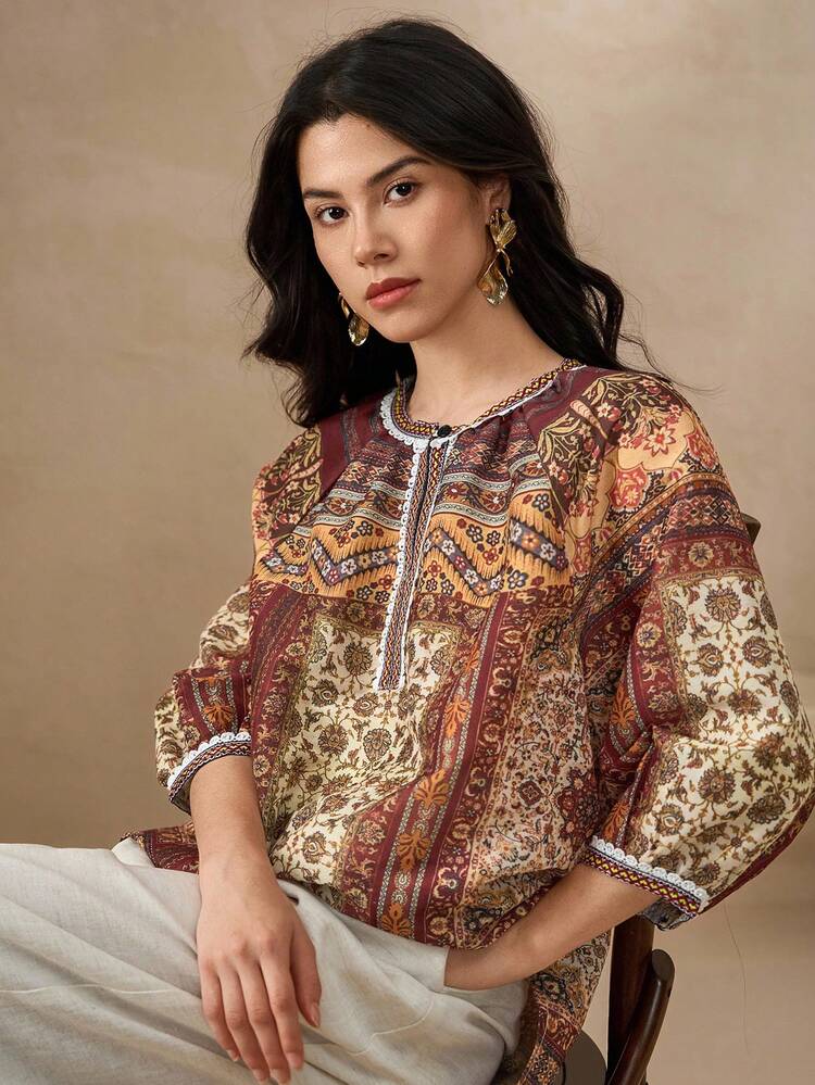 Women's Casual Vacation Style Patchwork Print Raglan Sleeve Loose Blouse, Spring/Summer/Autumn Boho