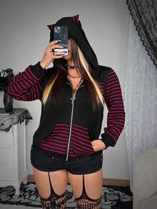Flirla Grunge Punk Halloween Cute Cat Ear Striped Long Sleeve Comfortable Jacket Zip Up Hoodie Women Cat Ear Hoodie Fall Winter Cloth For Women Autumn - Black - View 1