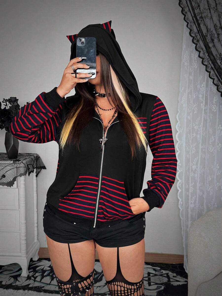 Flirla Grunge Punk Halloween Cute Cat Ear Striped Long Sleeve Comfortable Jacket Zip Up Hoodie Women Cat Ear Hoodie Fall Winter Cloth For Women Autumn - Black - View 1