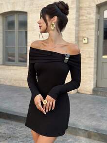 Firerie Women's New Black Sexy Elegant Off-Shoulder Cinched Waist A-Line Mini Skirt, Suitable For Commute, Elegant, Sexy, Party, Work Attire - Black - View 4