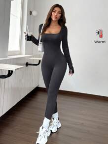 SHEIN EZwear 1pc Autumn Grey Turtleneck Knitted Tight Casual Sports Jumpsuit'