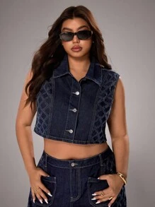 SHEIN ICON Plus Size Women's Fashion Casual Sleeveless Patchwork Jacket - Dark Wash - View 6