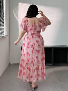 Flirla Plus Size Women Floral Print Chiffon Raglan Ruffle Sleeve Elegant Dress, Pink - Multicolor - View 3