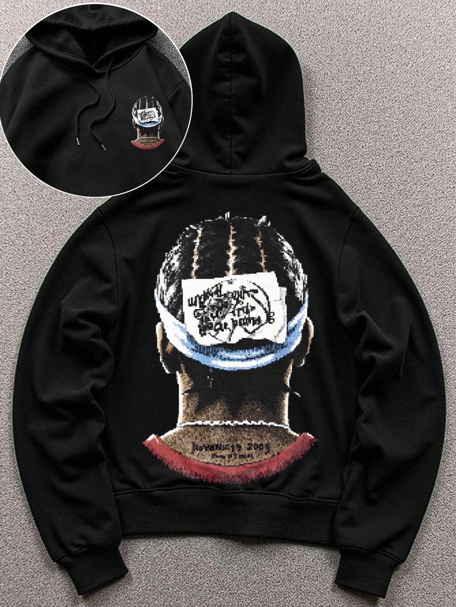 Manfinity Dauomo Áo hoodie họa tiết minh họa hình người cho nam, áo nỉ dài tay tối giản nhiều màu sắc thoải mái, quà tặng cho người hâm mộ bóng rổ - màu đen - Xem 1