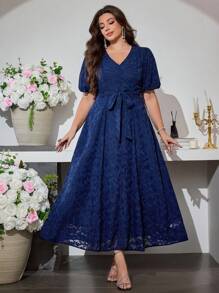 Modelyn Plus Size Women V-Neck Puff Sleeve Tie Waist Flared Elegant Dress - Navy Blue - View 3