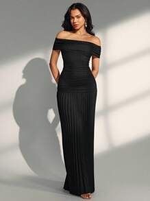 Almamuse Black Textured Splice Pleated One Shoulder Elegant Dress, Spring/Summer - Black - View 3