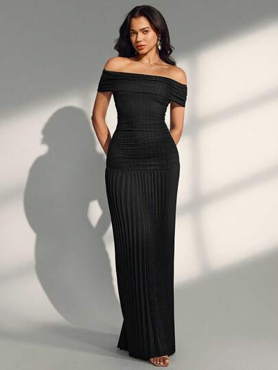 Almamuse Black Textured Splice Pleated One Shoulder Elegant Dress, Spring/Summer