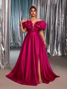 Glamrae 大码优雅浪漫紫红色露肩泡泡袖夸张设计婚纱，高开衩，A 字廓形，适合婚礼、派对、毕业典礼、正式晚礼服 - 玫紅色 - 查看 3