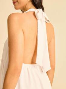 CAJUNI Women's V-Neck Solid Color Halter Tie Blouse-Fall Clothes For Women/Basic Tops - White - View 7