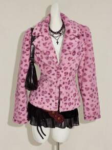 SHEIN ICON 女士新款秋冬豹纹翻领开衫兔毛外套，复古风 - 粉色 - 查看 6