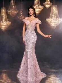 Glamrae Váy đuôi cá hoa đính cườm organza hở vai sang trọng thanh lịch, hở lưng gợi cảm, thích hợp cho đám cưới, tiệc tùng, vũ hội, tiệc tối (đính kèm nhiều họa tiết) - Bụi hồng - Xem 7