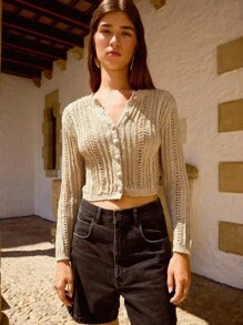 SHEIN Maija Áo len dệt kim cổ tròn tay dài màu mơ thiết kế khoét lỗ thoải mái, vừa vặn, đa năng, dành cho nữ, mùa thu - trắng - Xem 6