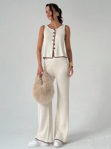 Aloruh 2pcs Women Contrast Color Knitted Vest Sweater + Straight Wide Leg Contrast Color Knitted Pants Set, Early Autumn - Multicolor - View 2