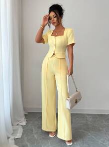 Elenzga Women's Short Sleeve Top And Pants 2 Pieces Set With Chain Decor