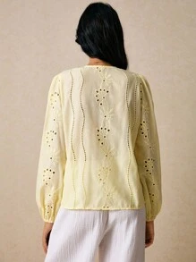 Poéselle 女士刺绣灯笼袖系带时尚衬衫，奶油黄上衣，可爱上衣，波西米亚风，外出上衣，商务休闲女装，度假女装，秋季女装，秋季上衣 - 黃色 - 查看 7