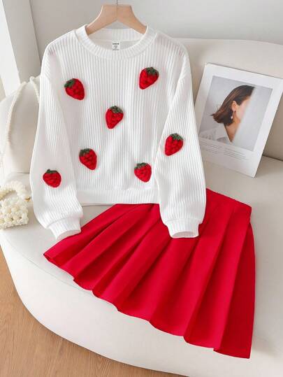 Sparklyn Conjunto de 2 piezas de suéter de punto suave y dulce con estampado de fresa y falda plisada para otoño/invierno