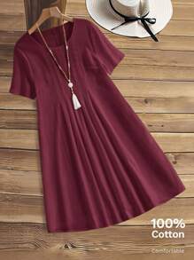 EMERY ROSE Plus Size Women Summer Casual Solid Color Short Sleeve Dress,Summer Dresses For Women,Dresses Casual - Burgundy - View 1
