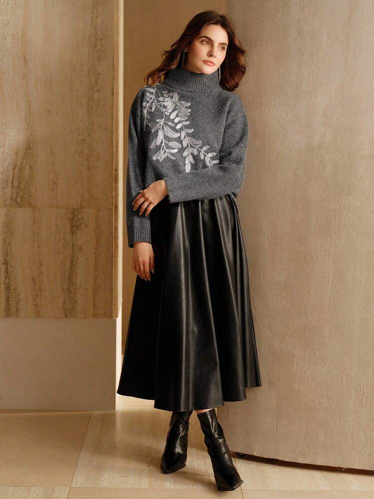 Elegant High Neck Sweater With Sophisticated Leaf Patchwork Design, Autumn/Winter