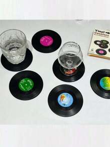 SHEIN 6 buc suporturi de pahare pentru discuri de vinil, pernă antiderapantă rezistentă la căldură, model vintage clasic retro american rock cu muzică CD, pernă izolatoare, decor pentru casă/