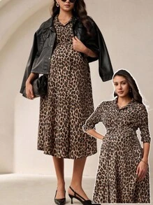 MaterniWear Office,Business Casual Woman,Fall Clothes,Autumn Clothes,Maternity Loose Button Down Shirt Dress, Long Pregnancy Dress For Fall - Coffee Brown - View 2