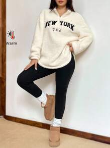 SHEIN EZwear Conjunto de Moletom com Gola Alta e Legging de Fleece Justas com Novo Padrão de Letra, Outono/Inverno - Multicolorido - Visão 7