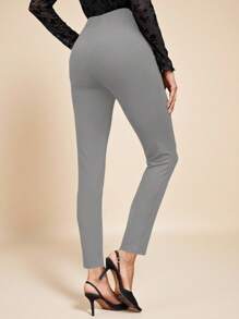 Amorya 女式高腰金属扣细节紧身裤 - 灰色 - 查看 2