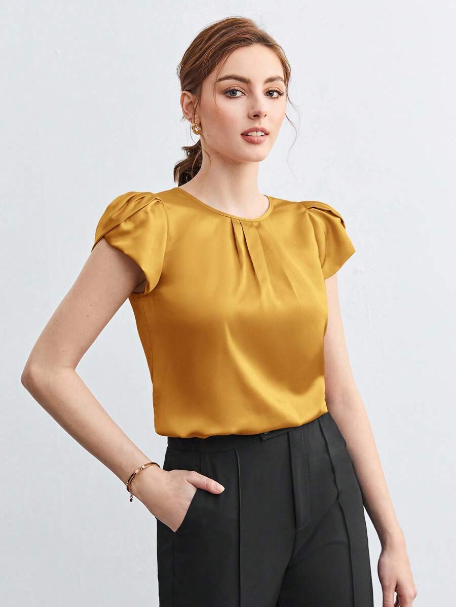 BizChic Women's Solid Color Round Neck Pleated Decor Batwing Sleeve Loose Short Sleeve Blouse, Elegant Office Casual Shirt, Basic Top For Women - Yellow - View 1