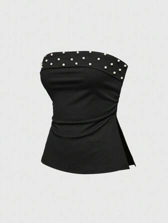 Y2K sexy Crop Top mit Schlitz an der Seite, Nieten- und Perlendekor für Frauen