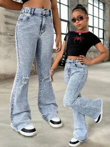 Sparklyn Tween Girls Vintage Washed Denim Jeans, Fashionable Distressed Flare Leg Design, Street Style, School, Campus, College - Medium Wash - View 1