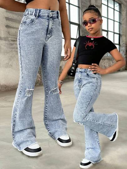 SHEIN Tween Girls Vintage Washed Denim Jeans, Fashionable Distressed Flare Leg Design, Street Style, School, Campus, College