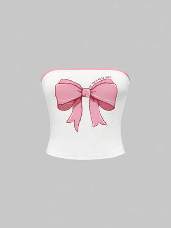 Anime Bowknot Gaming Pixel Design Cute Pink Full Print White Camisole Top For Women