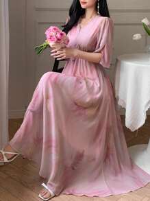 DAZY Abito elegante casual con maniche a campana, scollo a V con strass, vita con laccio incrociato, stampa floreale ditsy, adatto per matrimoni/feste, abiti estivi da donna di media lunghezza - Rosa - Visualizzare 17