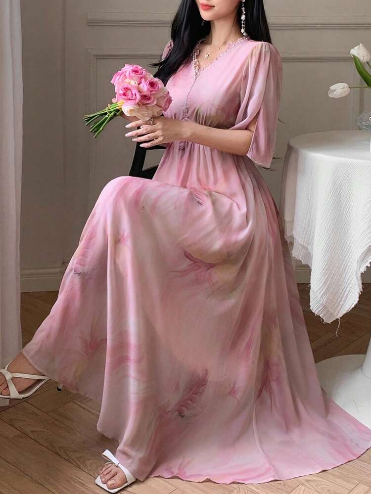 Spring/Autumn Ditsy Floral Elegant Casual Criss-Cross Tie Waist Rhinestone V-Neck Flare Sleeve Mid-Length Dress For Women, Suitable For Wedding/Party Summer Women Dresses