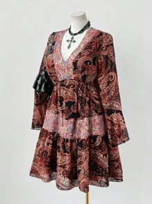 Sunspun Plus Size Women's V-Neck Long Sleeve Floral Print Bohemian Chiffon Dress Vintage Fall Cloth For Women - Multicolor - View 3