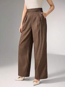 Heiryn Pleated High Waist Elegant Commuter Wide Leg Pants In Fall/Winter - Rust Brown - View 4
