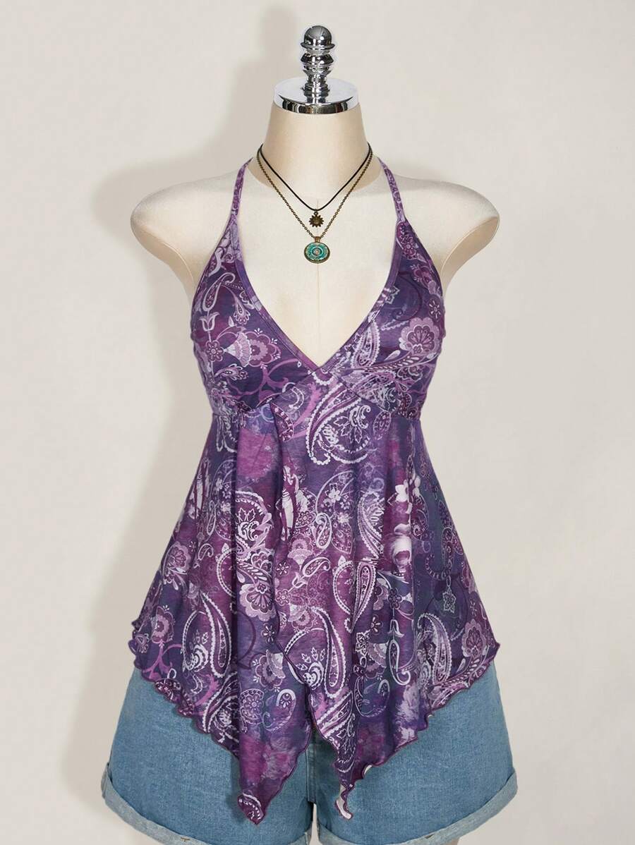 SHEIN ICON Plus Size Women Spring And Summer Going Out Vacation Casual Retro Printed Backless Halter Y2k V Neck Western Women Boho Beach Women Hippie Babydoll Top Purple - Purple - View 1