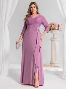 Coutiva Vestido formal largo asimétrico de encaje con cuello en V, parches y lentejuelas, de manga 3/4