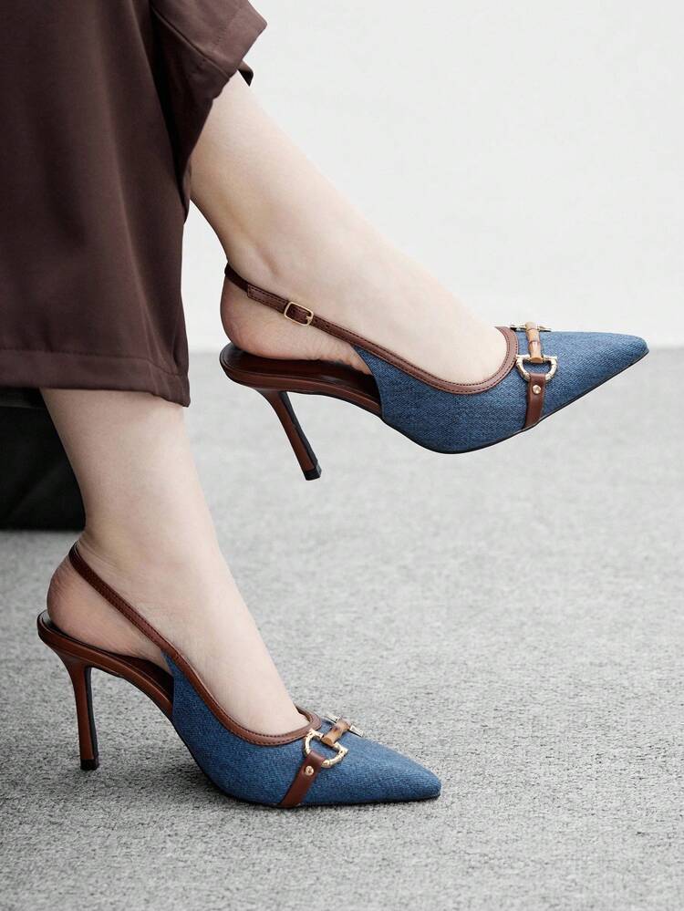 CUCCOO BIZCHIC Blue-Brown Mixed Color PU Gold Buckle Stylish Sexy French Charm Backless Pointed Toe Party/Date Heels For Christmas Spring Shoes