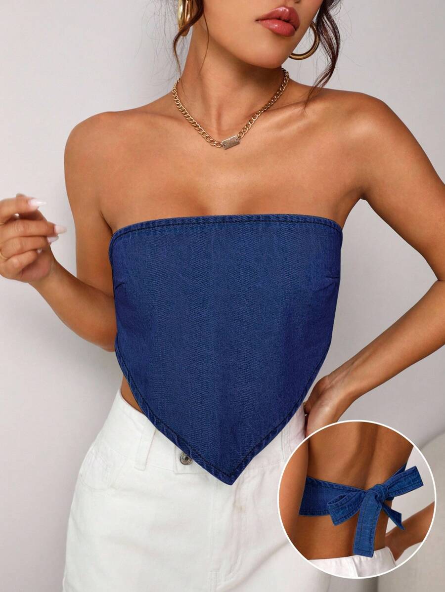 SHEIN Frenchy Women's Blue Backless Tube Denim Top, Front Short Back Long Denim Strap Tube Top Summer Vacation - Dark Wash - View 1