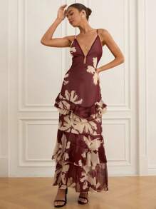 Aveloria Modichic Brush Stroke Random Print Silhouette Flower Contrast Color Chiffon Sleeveless Dress With Ruffle Hem, Elegant & Sexy Women Long Dress - Multicolor - View 6