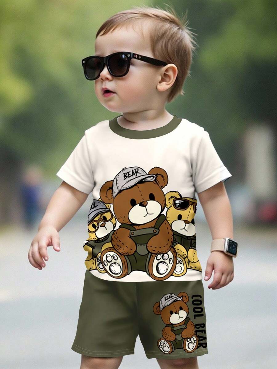 SHEIN 2pcs Baby Boy Casual Cute Bear Cartoon Colorblock Round Neck Short Sleeve T-Shirt And Shorts Set, Suitable For Summer