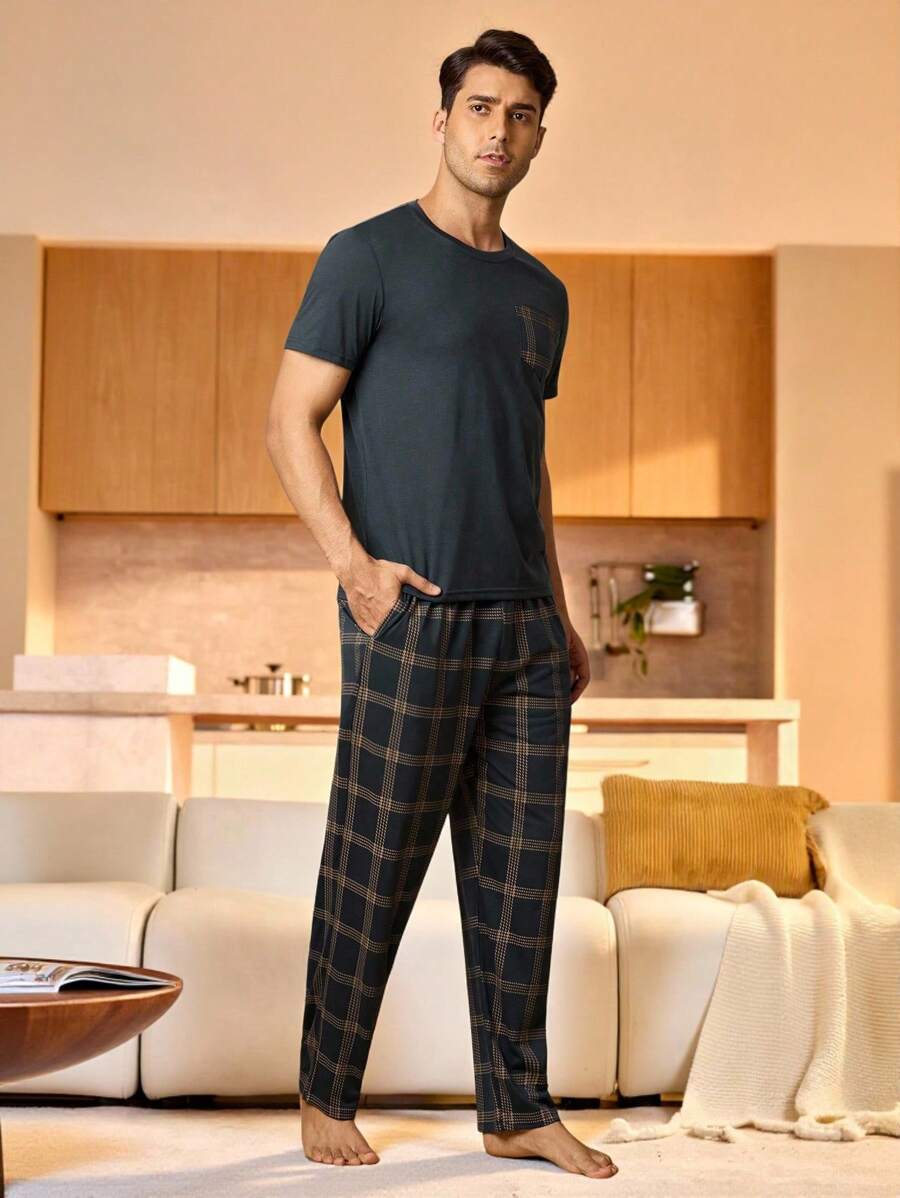 Men Solid Tee & Plaid Pants PJ Set / Pajama Set - Olive Green - View 1